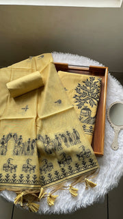 Chic Chronicles Yellow Warli Muga Cotton Unstitched Suit Set